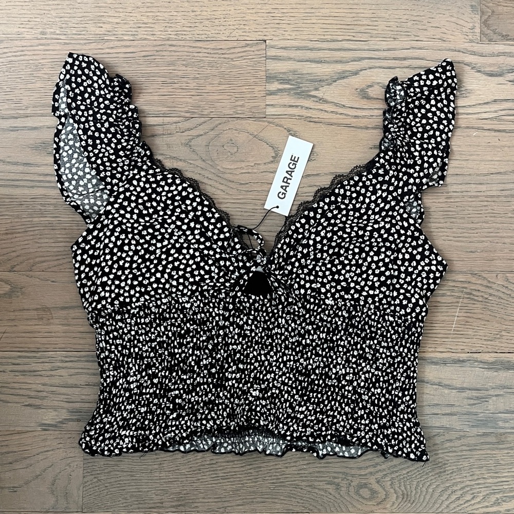 Garage black and white tiny floral print cropped tank